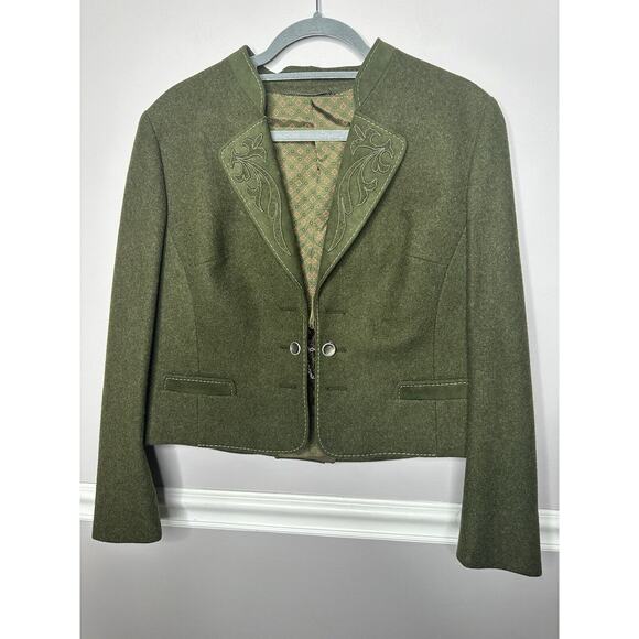 Christa Moden VTG Wool Green Blazer Lined Military Unique Short Jacket Retro WM - Picture 1 of 7